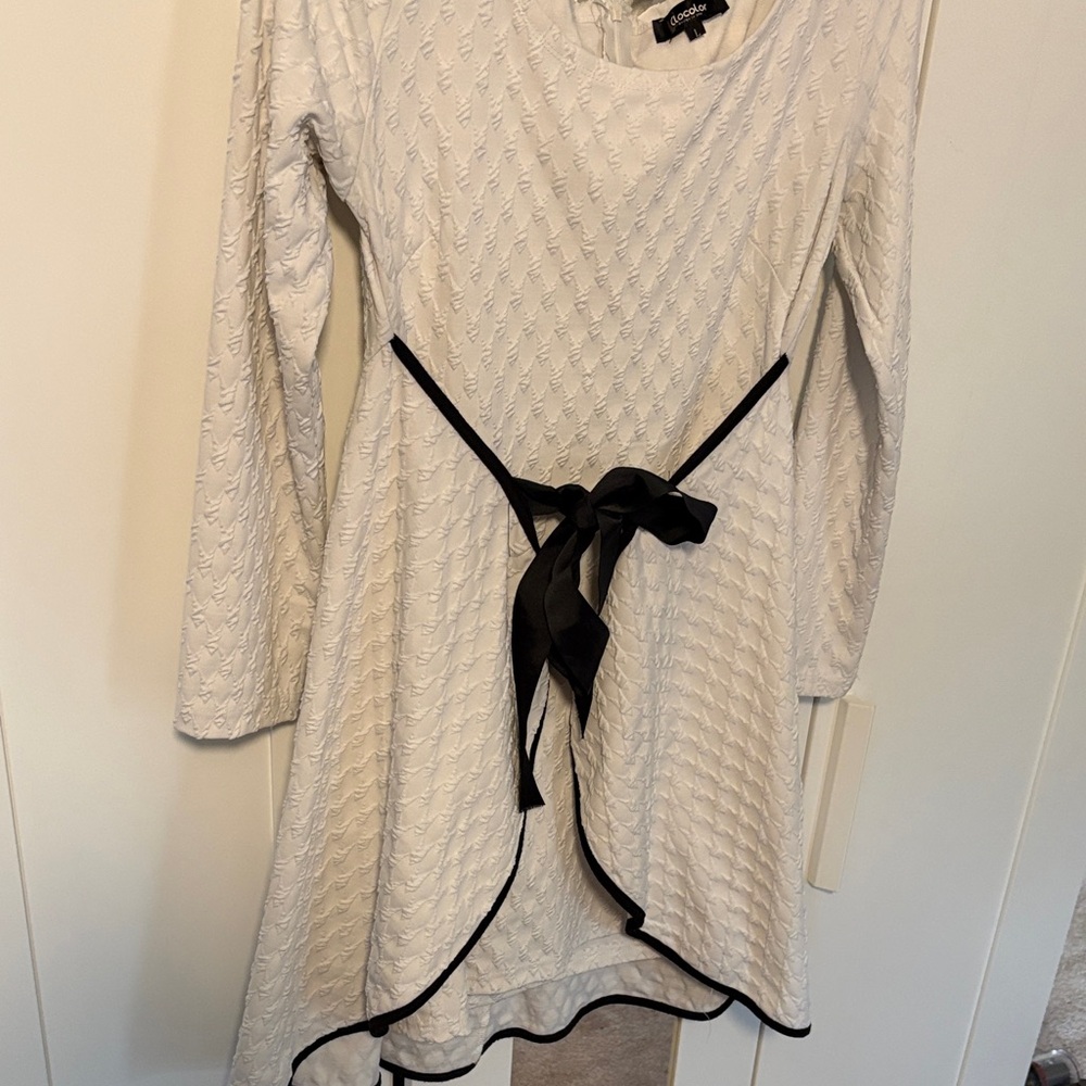 Textured White Dress with Black Sash